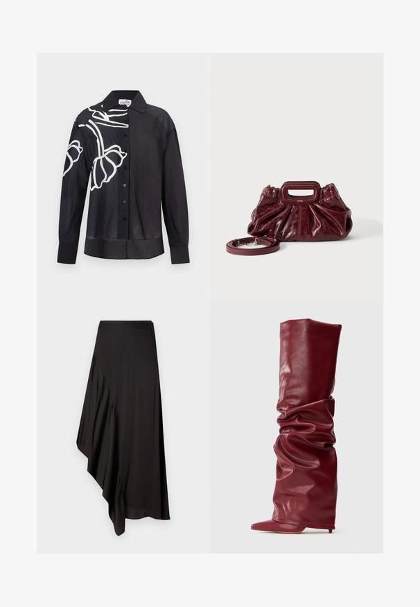 Sort skjorte med knapper og lange ærmer med hvide abstrakte blomsterlinjer på venstre skulder og bryst.; AERON ASTER SKIRT - Pencil skirt - black; Høj, afslappet bordeaux læderstøvle med spids tå og lav hæl på en ensfarvet lys baggrund.; Lille mørkerød læderhåndtaske med opsamlet struktur, rektangulært håndudskåret håndtag og aftagelig skulderrem på hvid baggrund.