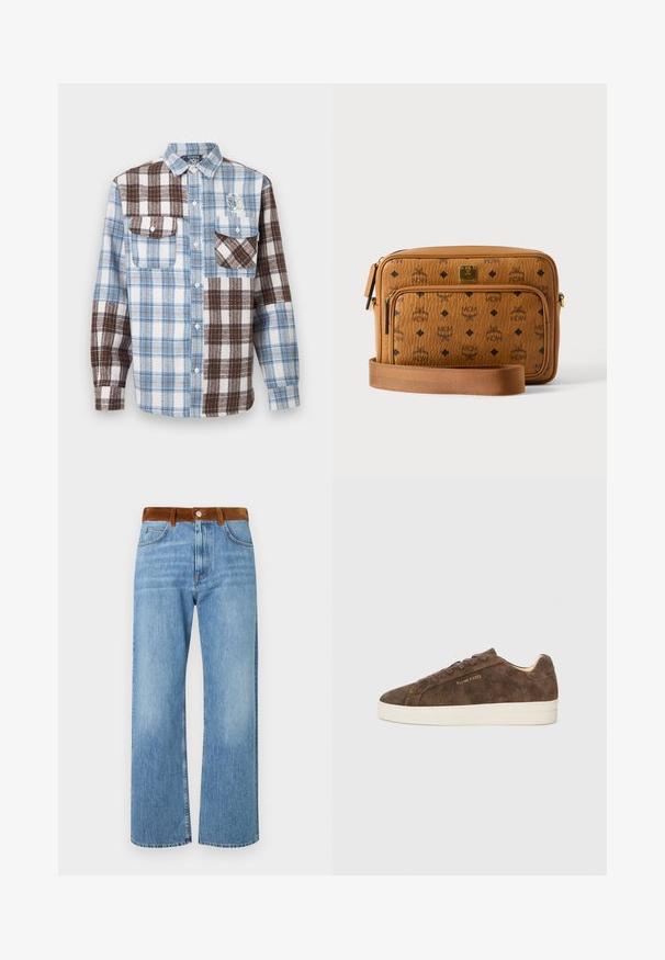 Chemise à manches longues avec boutons, ornée de patchs à carreaux bleu, marron et blanc, et deux poches poitrine, dont une avec rabat boutonné.; Jeans en denim bleu clair avec une coupe droite, dotés d'une taille en suède marron, de poches avant et d'une fermeture éclair.; Baskets en daim marron avec une silhouette basse, un bout arrondi et une semelle en caoutchouc blanc. Elles présentent des lacets foncés et un logo discret sur le côté.; Sac bandoulière en cuir fauve avec logos MCM noirs, poche avant zippée, plaque dorée et sangle en tissu réglable sur fond blanc.