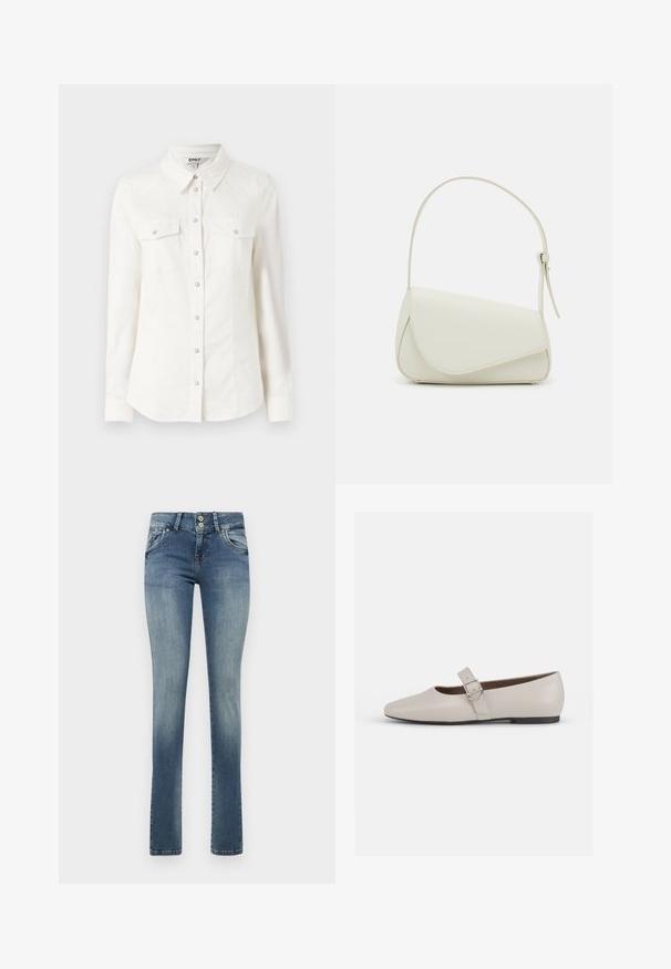 Hvid skjorte med lange ærmer og krave, med to brystlommer og sølvfarvede knaplukninger. Fremstillet af et glat, let vævet stof.; Lysblå denim jeans med lige ben-design, to forlommer, en falmet finish og en lille slidse detalje på højre lår.; Beige læder Mary Jane flad sko med spids tå, ankelrem og en sølvspænde detalje, der har en lav sort hæl.; Hvid taske i faux læder med en struktureret trekantet form, enkelt justerbart skulderstrop og en flaplås med kurver.