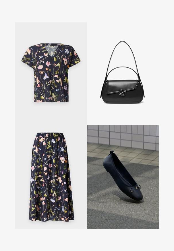 Camiseta con escote en V floral en tejido azul marino, con patrones de flores multicolores y mangas cortas. Ligera y con un ajuste relajado.; Falda floral en azul marino con una cinturilla elástica, que presenta un estampado de flores rosas, azules y verdes sobre un tejido texturizado.; Bailarina negra con un pequeño lazo en la parte superior, flotando sobre un pavimento gris texturizado con un fondo de pared con azulejos.; Bolso de hombro de cuero negro con una solapa curva asegurada por un broche metálico redondo y una correa delgada y ajustable.