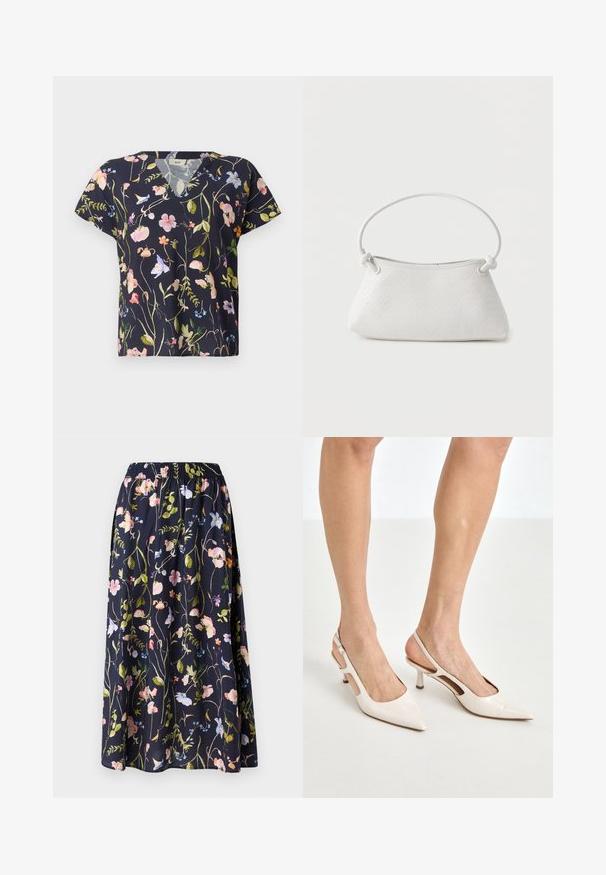 Camiseta con escote en V floral en tejido azul marino, con patrones de flores multicolores y mangas cortas. Ligera y con un ajuste relajado.; Falda floral en azul marino con una cinturilla elástica, que presenta un estampado de flores rosas, azules y verdes sobre un tejido texturizado.; Tacones slingback de charol beige con punta afilada y un tacón de 5 cm, con lados recortados y una delgada correa en el tobillo.; Bolso de mano de cuero blanco tejido con asa redondeada y extremos de la correa anudados, exhibido sobre un fondo liso.