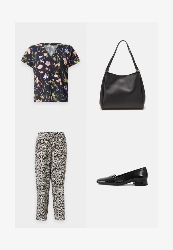 Camiseta con escote en V floral en tejido azul marino, con patrones de flores multicolores y mangas cortas. Ligera y con un ajuste relajado.; Pantalones de patrón negro y crema. Cuentan con una cintura elástica y un diseño geométrico repetido con diamantes y motivos florales.; Bailarinas de charol negro con punta afilada, tacón cuadrado bajo y un pequeño detalle de hebilla metálica en la correa. Textura suave.; Bolso de mano de cuero sintético negro con una textura suave, forma de hobo y doble asa; presenta un acabado brillante y un diseño minimalista.