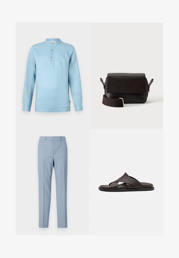 Chemise à manches longues bleu clair en lin. Col montant avec trois boutons. Texture lisse et coupe décontractée. Comprend une étiquette de marque à l'intérieur.; Pantalons rayés bleu clair à coupe slim, dotés de rayures verticales blanches. Fabriqués à partir d'un tissu lisse avec un design ajusté.; Stuart Weitzman BERKLEY - Mules - espresso; Sac bandoulière en cuir marron foncé avec fermeture à rabat et sangle en tissu réglable sur fond blanc.