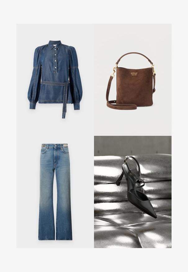 Denimpaidassa on kaulus, napitettu etuosa ja puffihihat. Siinä on vyötärölle vyö ja kontrastiväriset tikkauslangat. Tummansininen väri.; Rabanne Straight leg -farkut - denim stone; Musta korkokenkä, jossa on terävä kärki ja avoin takaosa. Kengässä on ohut nilkkahihna ja kuvioitu pohja. Tyylikäs, minimalistinen muotoilu korostuu kiiltävän metallisen taustan ansiosta.; Ruskea mokkanahkainen käsilaukku, jossa on kultainen "REPLAY SINCE 1981" -logo, lyhyt kahva ja irrotettava pitkä olkahihna, jossa on kultaiset metalliosat.