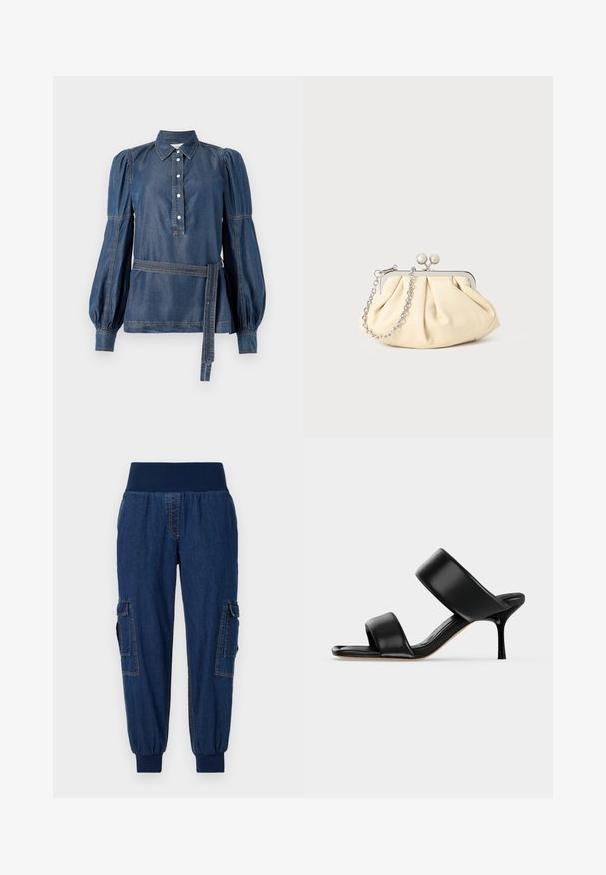 Jeanshemd mit Kragen, knöpfbarer Leiste und gepufften Ärmeln. Verfügt über eine Taillenbindung und Kontrastnähte. Dunkelblaue Farbe.; Denim-Jogginghosen mit einem breiten elastischen Bund, zwei seitlichen Cargo-Taschen und gerippten Bündchen; dunkelblaue Farbe mit kontrastierenden Nähten.; Schwarze Leder-Mule-Sandale mit zwei breiten Riemen und einem schlanken, mittelhohen Stilettoabsatz auf einem schlichten hellen Hintergrund.; Faltige beigefarbene Ledertasche mit einem silbernen Metallrahmen, ausgestattet mit zwei runden dekorativen Verschlüssen und einem silbernen Kettenriemen.