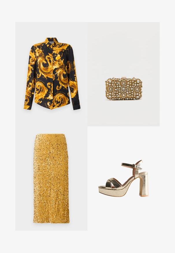 Camisa negra de manga larga con botones y patrones barrocos en espiral de color dorado amarillo audaz en toda la prenda.; Falda midi dorada cubierta de brillantes lentejuelas con corte recto y cintura alta sobre un fondo blanco.; Sandalia de tacón en plataforma metálica dorada con un diseño texturizado de estampado de serpiente, que presenta correas cruzadas y una hebilla ajustable en el tobillo.; Clutch dorado con intrincados adornos de cuentas y strass. Forma rectangular, cierre de broche y asa de cadena desmontable.