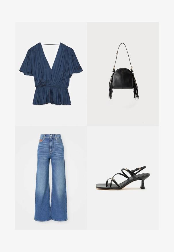 Maje LEVILLY - Blouse - marine; Jean taille haute à jambe large en denim bleu clair avec un léger délavage, dotés d'une fermeture à bouton et d'un accent en cuir au niveau de la ceinture arrière.; Sandales à strapes en cuir verni noir avec un bout carré et un petit talon carré. Présente des accessoires en métal doré et des brides de cheville réglables.; Sac à main en cuir noir avec une forme courbée, une longue bandoulière réglable et des franges de chaque côté sur un fond clair.