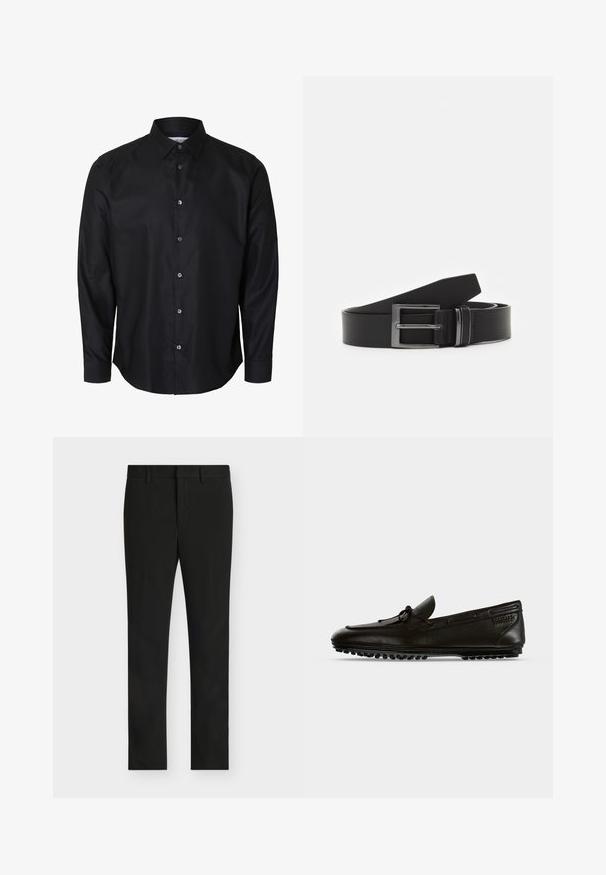 Sort herre skjorte med lange ærmer, klassisk krave og syv knapper foran, vist på hvid baggrund.; Sorte slim fit bukser med bæltestropper, foran lynlås og fladt frontparti, vist på en lys grå baggrund.; Sort læder kørselsslipper med sløjfe detaljer på toppen og gummisål med små runde knopper, vist fra siden på ensfarvet baggrund.; Sorte læderbælte med en rektangulær sølvmetalspænde, fladt design og glat tekstur. Enderne er tilspidsede for nem påtrækning.