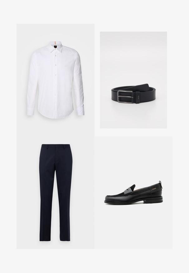 Witte langwerpige overhemd met lange mouwen van katoen, met een klassieke kraag, een subtiel logo dicht bij de borst en witte knopen.; Navy blauwe slim-fit formele broeken met riemlussen en doorgestikte plooien, weergegeven tegen een effen witte achtergrond.; Zwarte leren loafer met grijs riemdetailelement, lage hak en gestructureerde zool, aan de zijkant gebrandmerkt met "HUGO" in goud.; Zwarte leren riem met een strakke uitstraling, zilveren metalen gesp en een soepele textuur. Logo detail bij de gesp.