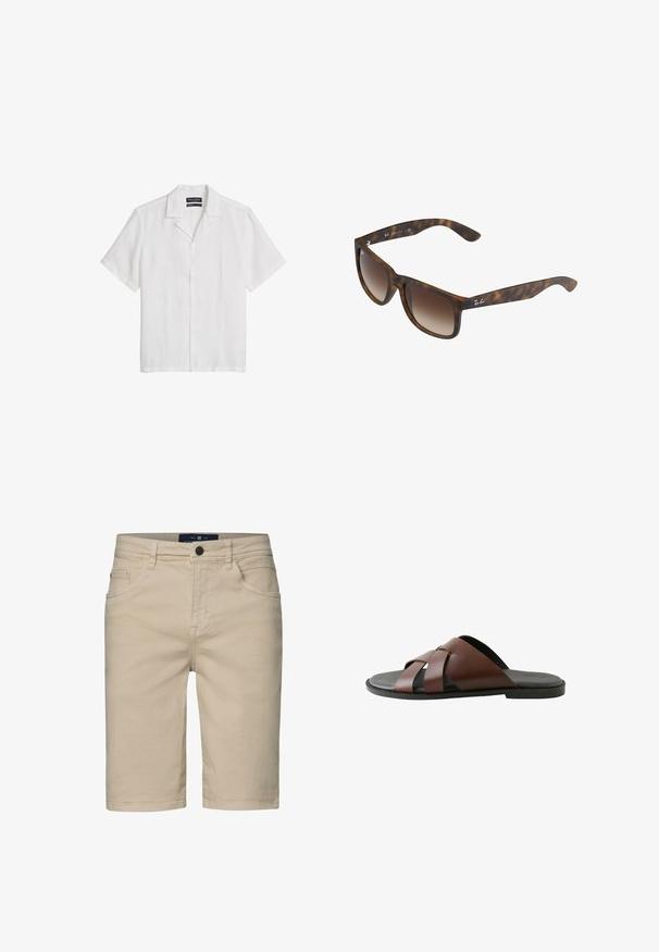 Weißes kurzärmeliges Hemd mit durchgehenden Knöpfen, Camp-Kragen, vorderen Knöpfen und geradem Saum, auf weißem Hintergrund dargestellt.; Beige Denim-Shorts mit geradem Schnitt, fünf Taschen, einem Knopfverschluss und genähten Details. Glatte Textur und knielanges Design.; Braune Herren-Pantoletten aus Leder mit gekreuzten Riemen und schwarzer Sohle, seitlich auf weißem Hintergrund dargestellt.; Schildpatt-Sonnenbrille mit braunen Verlaufslinsen, rechteckiger Form, dicken Rahmen und einem silbernen Logo-Akzent an der Seite.