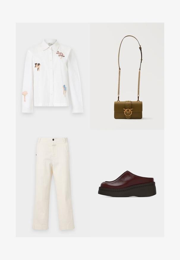 Hvid skjorte med knapper og broderede, flerfarvede svampedesigns på brystet, ærmet og foran forneden, med en spredningskrave.; Beige bomuldsbukser med lige ben-design, der har en frontknaplukning og en lomme med en cirkulær knapdetalje.; Slip-on vinrød læderplatformsko med rundet tå og tyk sort sål, set fra siden på en ensfarvet baggrund.; Olivengrøn læder crossbody taske med guldklasp formet som en fugl og kæde-rem med justerbar skulderdetalje.