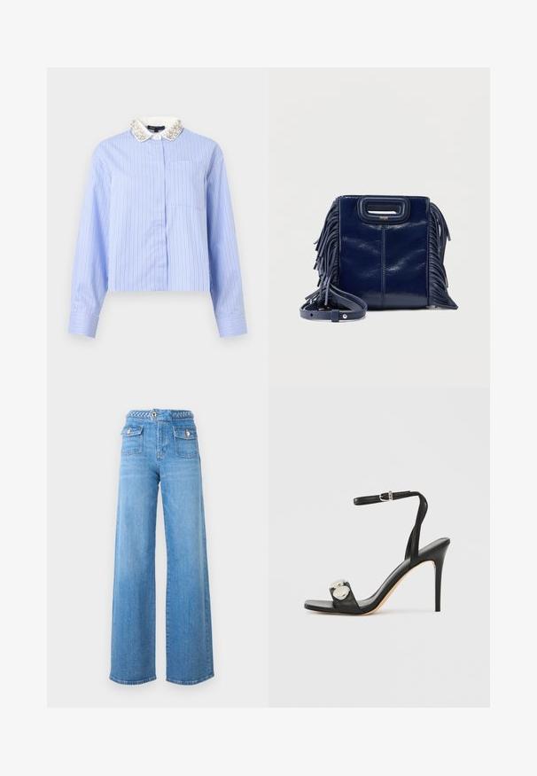 Blouse bleu clair à manches longues avec fines rayures verticales blanches et noires, poche avant et col blanc orné de perles et de bijoux.; Jean large taille haute bleu clair avec poches avant à rabat, ceinture tressée et fermetures à bouton doré.; Sandale à talons hauts noire avec une bride à la cheville, présentant une tige en cuir lisse, un bout carré et deux accents métalliques ronds.; Sac en similicuir bleu marine avec détails en franges, forme structurée, poignée supérieure et sangle ajustable. Finition brillante avec accents de quincaillerie dorée.