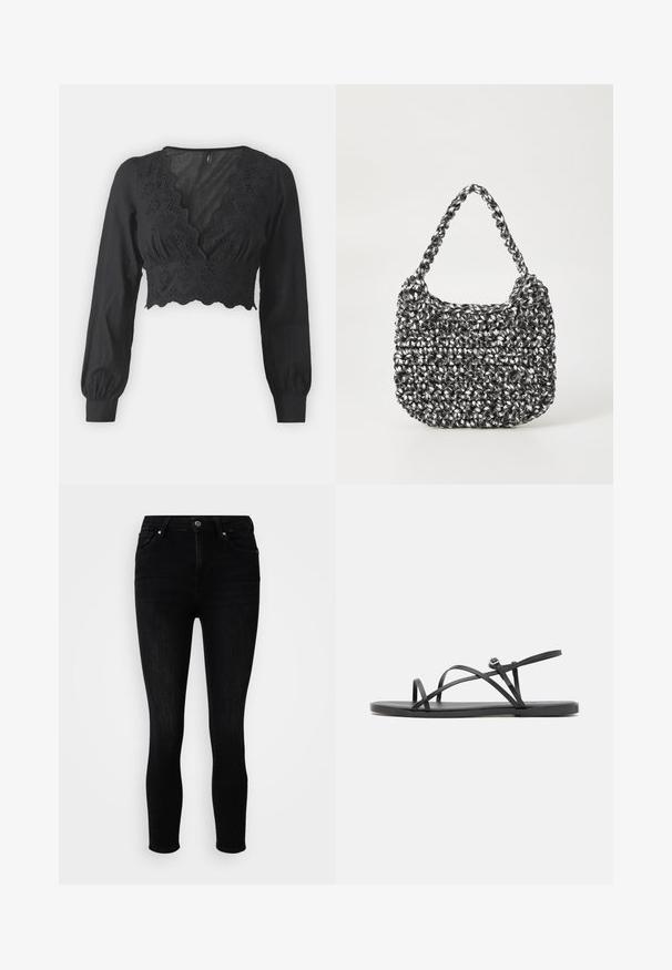Must mustriga musta top, millel on pikad puffvarrukad, skaalat pealsel ja lilleline brodering kehaosal. Sile kangastekstuuri.; ONLY Petite ONLPOWER MID PUSH UP - Kitsa lõikega teksad - washed black; Mustad mustad sandaalid, millel on õhukesed ristsed, avatud varvaste disain ja minimalistlik tald. Omab väikest pannalatoimet reguleerimiseks.; Mustri kott musta ja valgega, ümar kuju, tekstureeritud pind ja punutud käepide. Sobib igapäevaseks kasutamiseks.
