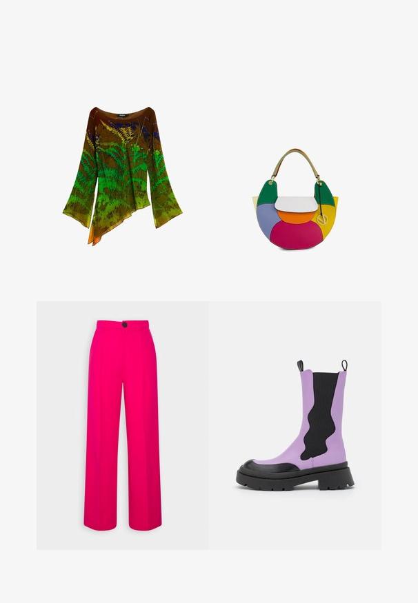 Langærmet bluse med asymmetrisk kant i brun, grøn og gul med botanisk bregnemønster.; Fuchsia brede bukser med høj talje, frontfald og en enkelt sort knaplukning. Glat tekstur og skræddersyet design.; NA-KD WAVY ELASTIC BOOTS - Plateaustøvler - black/purple; Farverig lædertaske med grønne, lilla, hvide, orange, pink og gule paneler og en cirkulær guldsmykke hængende fra håndtaget.