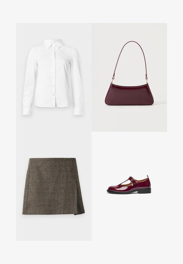 Chemise blanche à manches longues avec boutons, col pointu, ourlet droit et silhouette ajustée, présentée sur un fond clair uni.; Jupe mini à carreaux marron et gris avec une subtile fente latérale, coupe droite et tissu texturé.; Chaussure Mary Jane en cuir verni bourgogne avec un bout arrondi, une bride T, une boucle ajustable et un petit talon carré. Texture lisse et design simple.; Sac à main brillant bordeaux foncé avec une anse fine unique et une forme trapézoïdale élégante sur un fond clair uni.