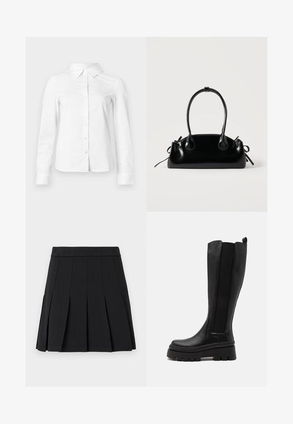 Chemise blanche à manches longues avec boutons, col pointu, ourlet droit et silhouette ajustée, présentée sur un fond clair uni.; Jupe plissée noire en tissu lisse. Elle présente une large ceinture et plusieurs plis aiguille verticaux.; Botte noire montante en cuir lisse avec des panneaux latéraux élastiques, semelle plate-forme épaisse et texture striée à la base.; Petit sac à main noir brillant avec deux longues anses et des détails à cordon sur les côtés sur un fond clair uni.