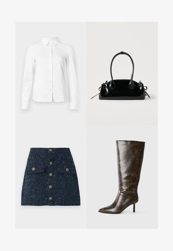 Weißes langärmeliges Hemd mit spitzem Kragen, geradem Saum und taillierter Silhouette, auf hellem, einfarbigem Hintergrund dargestellt.; Denim-Minikleid in dunklem Marineblau mit gesprenkelter Textur, ausgestattet mit einer Reihe von fünf metallischen Knöpfen und zwei aufgesetzten vorderen Taschen.; Brauner kniehoher Lederstiefel mit glänzendem Finish, spitz zulaufender Zehenpartie und schlankem, hohem Absatz. Das Material weist ein strukturiertes, rissiges Muster auf.; Kleine schwarze glänzende Handtasche mit zwei langen Griffen und seitlichen Kordelzug-Details vor einfachem hellem Hintergrund.