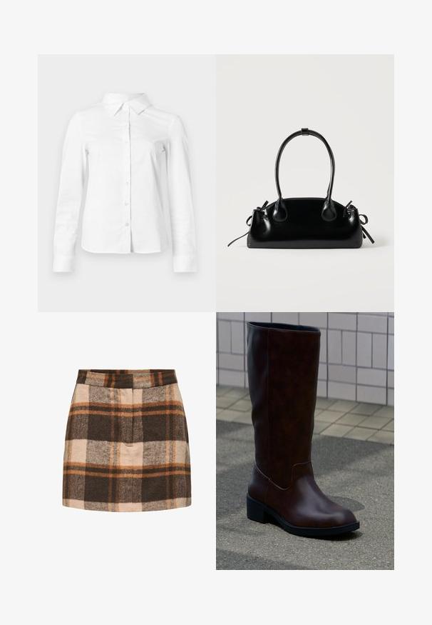 Chemise blanche à manches longues avec boutons, col pointu, ourlet droit et silhouette ajustée, présentée sur un fond clair uni.; Jupe en mélange de laine présentant un motif à carreaux marron, beige et orange, une silhouette ajustée, et une texture lisse avec un léger éclat.; Botte en cuir marron foncé mi-mollet avec un bout arrondi et un petit talon bloc, posée sur le trottoir près d’un mur carrelé.; Petit sac à main noir brillant avec deux longues anses et des détails à cordon sur les côtés sur un fond clair uni.