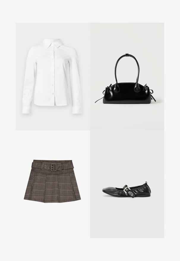 Chemise blanche à manches longues avec boutons, col pointu, ourlet droit et silhouette ajustée, présentée sur un fond clair uni.; Jupe mini à carreaux en noir, brun et beige. Comprend une taille ceinturée, des plis et un tissu texturé avec un motif géométrique.; Chaussure plate en cuir noir avec un nez pointu, des détails froncés autour de l'ouverture et un accent en boucle argentée sur la bride ajustable.; Petit sac à main noir brillant avec deux longues anses et des détails à cordon sur les côtés sur un fond clair uni.
