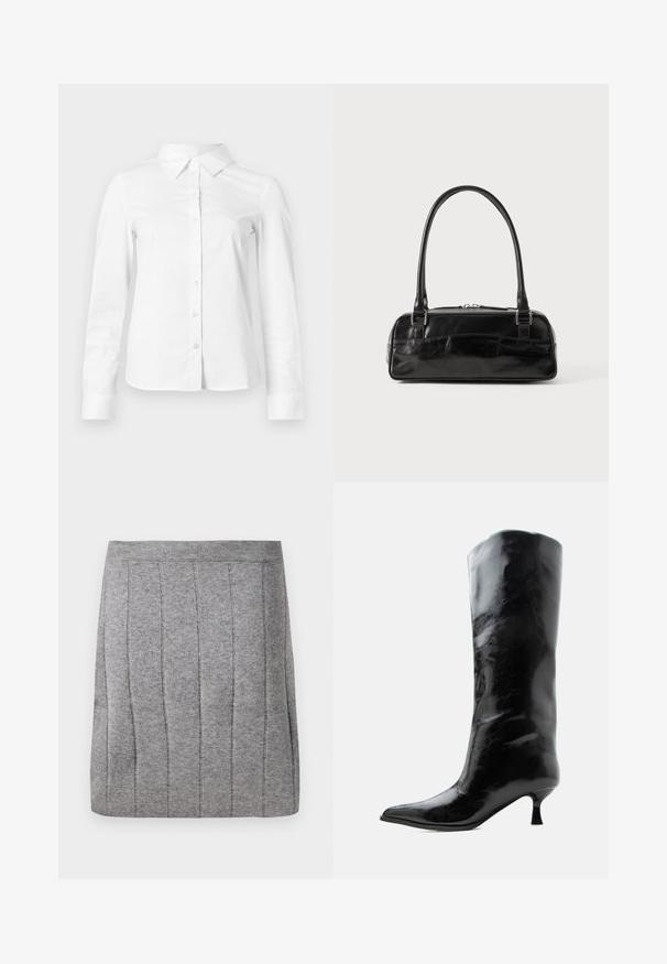 Chemise blanche à manches longues avec boutons, col pointu, ourlet droit et silhouette ajustée, présentée sur un fond clair uni.; Object OBJTHESS - Minijupe - medium grey; Botte en cuir noire brillante, haute jusqu'au genou, avec bout pointu et talon bas courbé sur un fond clair uni.; Sac à main en cuir noir de forme rectangulaire, doté d'une seule ansse structurée, de quincaillerie argentée et d'une fermeture éclair. Texture lisse.