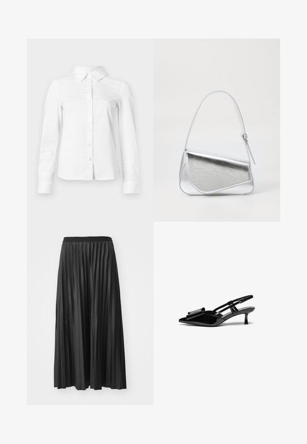 Witte blouse met lange mouwen en knopen, met puntige kraag, rechte zoom en aansluitende silhouet, weergegeven op een effen lichte achtergrond.; Zwarte geplisseerde maxi rok met een gladde textuur en een elastische tailleband, met verticale plooien die volume en beweging creëren.; Zwarte gepatineerde lederen slingback hakken met een puntige neus, een strikdetail aan de voorkant en een kleine stilettohak. De bandjes hebben verstelbare gespen.; Zilveren metalen handtas met een driehoekige vorm, gladde textuur en een dunne, verstelbare schouderriem. Kenmerkt zich door een omklapbaar ontwerp met stiksels.