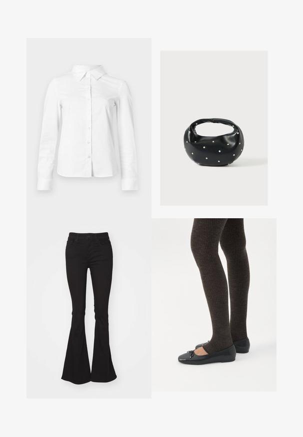 Hvid skjorte med lange ærmer, knapper, spids krave, lige kant og tætsiddende silhuet, vist på en ensartet lys baggrund.; Sorte flared jeans med høj talje, der har en standard knap- og lynlåslukning, to forlommer og et let struktureret stof.; Ben iført mørke ribbede leggings kombineret med sorte balletsko med små sløjfedetaljer på hvid baggrund.; Sort læderhåndtaske med en rundet form, dekoreret med sølvnitter, og et kort håndtag. Glat tekstur og lynlåslukning.