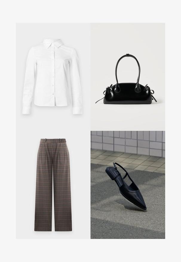 Chemise blanche à manches longues avec boutons, col pointu, ourlet droit et silhouette ajustée, présentée sur un fond clair uni.; Pantalons à carreaux au design ample, présentant des plis, une taille haute, et un mélange de couleurs marron, noir et bleu clair.; Chaussure plate noire à bout pointu avec bride arrière, flottant au-dessus d'une surface en bitume à côté d'un trottoir carrelé.; Petit sac à main noir brillant avec deux longues anses et des détails à cordon sur les côtés sur un fond clair uni.