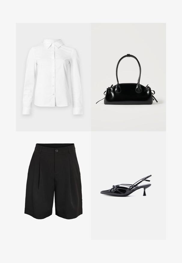 Witte blouse met lange mouwen en knopen, met puntige kraag, rechte zoom en aansluitende silhouet, weergegeven op een effen lichte achtergrond.; Zwarte op maat gemaakte knielange shorts met knoopsluiting, taillebandlussen en plooien aan de voorkant.; Zwarte slingback pump van lakleer met een spits toelopende neus, lage kittenhak en decoratieve knoopstrik aan de voorkant.; Kleine zwarte glanzende handtas met twee lange hengsels en zijkant trekkoord details op een effen lichte achtergrond.