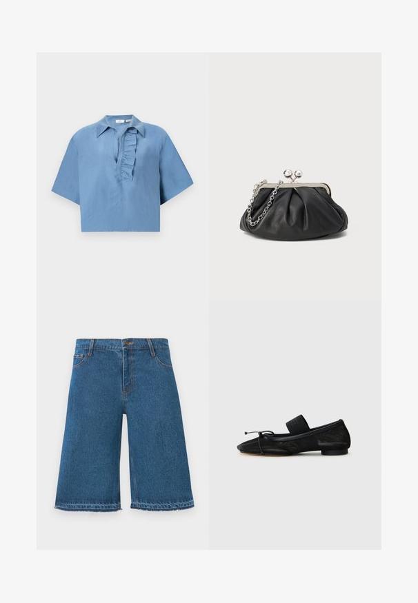 Kortærmet, blå skjorte lavet af glat stof, med knap- down krave og en flæseplade langs fronten. Afkortet design.; Blå denim shorts til knæene med frynset kant, frontknap og lommer på en ensfarvet hvid baggrund.; Sort flad sko med spids tå, lavet af tekstureret stof, med en sløjfeaccent og en lille, rund hæl. Elastisk rem ved anklen.; Sort læder clutch med samlet tekstur, sølvfarvet metalramme, kys-lås lukning og kædestrop. Glat, blød overflade.
