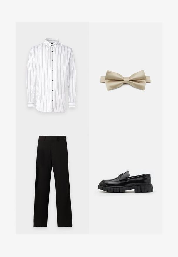 Camisa blanca de manga larga con finas rayas verticales en rojo y azul, diseño de botones, cuello puntiagudo y botones negros.; Pantalones negros de corte recto con trabillas para cinturón y bolsillos laterales sobre un fondo blanco liso.; Mocasines de cuero negro con suelas de goma gruesas y estriadas. Presentan una puntera redondeada y una correa decorativa con un acento de logo. Textura lisa.; Pajarita de satén en beige claro, con una forma de mariposa clásica y un nudo central. Textura suave con un brillo sutil.