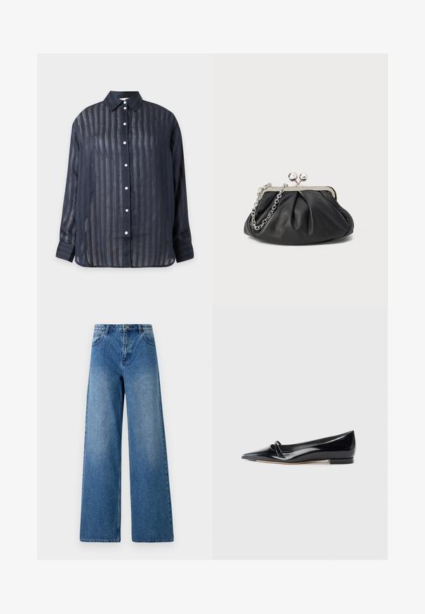 Doorzichtige donker blauwe overhemd met knopen, verticale strepen, lange mouwen en een puntige kraag, afgebeeld tegen een effen achtergrond.; Wijduitlopende jeans van blauwe denim. Heeft een hoge taille, vijf zakken en een sluiting met een knoop aan de voorkant. Glad textuur met lichte vervaging.; Zwarte gepatenteerde leren platte schoen met een puntige neus, een kleine decoratieve band en een lage blokhak. Gladde textuur en strak ontwerp.; Zwarte leren clutch met geplooide textuur, zilverkleurig metalen frame, drukknopsluiting en kettingriem. Glad, zacht oppervlak.