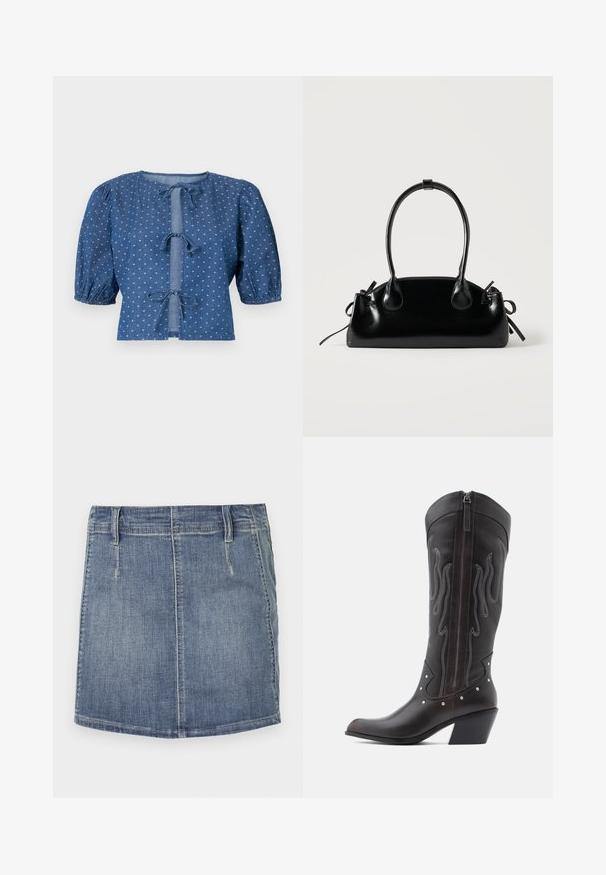 Blouse en denim bleu foncé avec des manches bouffantes, présentant des fermetures à nouer et un motif subtil de petits diamants blancs à travers.; Jupe en denim mini de couleur bleu clair avec une coupe classique. Dispose de poches avant et de passants de ceinture, avec un ourlet droit et un léger délavage.; Bottes de cowboy en cuir marron avec surpiqûres en forme de flammes, fermeture éclair latérale, clous argentés, bout pointu et talon superposé.; Petit sac à main noir brillant avec deux longues anses et des détails à cordon sur les côtés sur un fond clair uni.