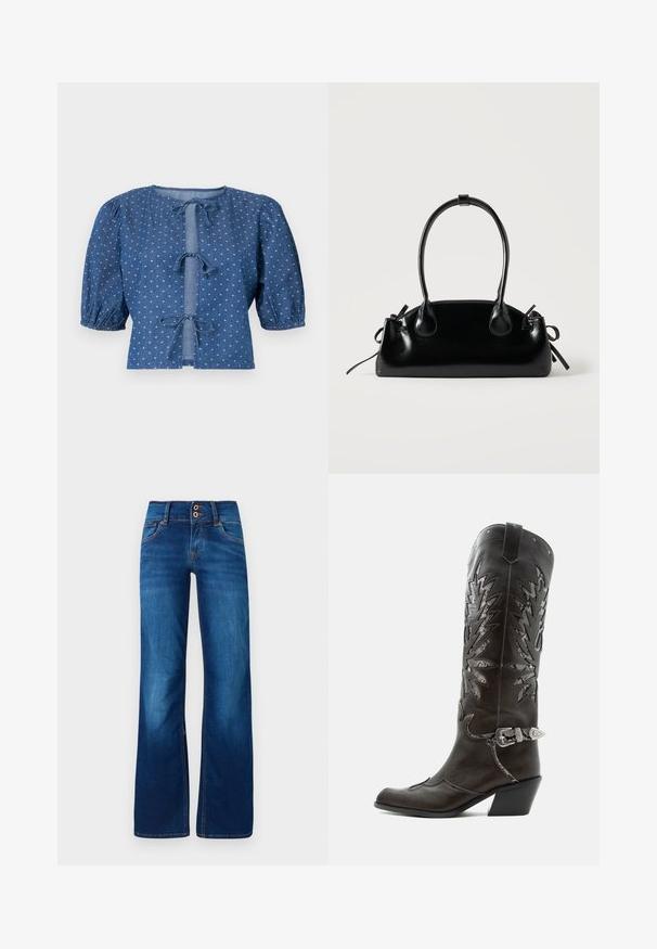 Blusa de mezclilla en azul oscuro con mangas abullonadas, presentando cierres tipo lazo y un sutil patrón de pequeños diamantes blancos por toda la prenda.; Jeans de pernera ancha en denim azul, con dos botones frontales, costuras naranjas y una textura suave. Diseño clásico de cinco bolsillos.; Bota cowboy de cuero negro con recortes decorativos, hebilla plateada y tacón inclinado, presentada sobre fondo blanco.; Pequeño bolso negro brillante con dos asas largas y detalles de cordón lateral sobre un fondo claro liso.