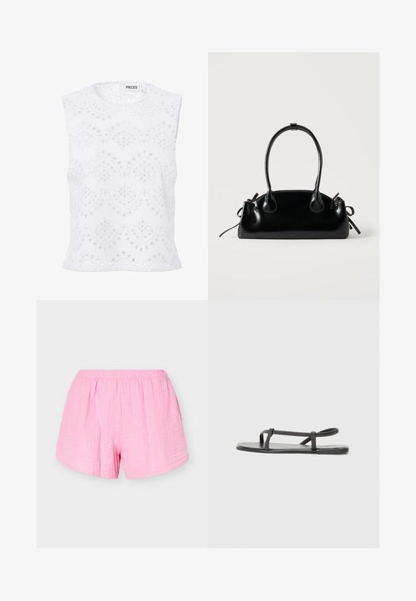 Blouse blanche sans manches avec encolure ronde, broderie anglaise et motifs festonnés, présentée sur un fond uni.; Shorts en coton rose clair avec taille élastique et coupe ample, affichés sur un fond clair uni.; Sandales plates noires avec des sangles fines et texturées, au design minimaliste. La semelle est lisse et la forme globale est élégante et discrète.; Petit sac à main noir brillant avec deux longues anses et des détails à cordon sur les côtés sur un fond clair uni.