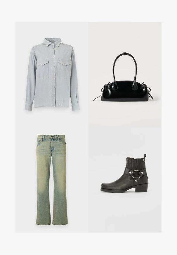 Lyseblå og hvide lodrette stribede skjorte med lange ærmer, krave, knaplukning foran og to brystlommer med klapper og knapper.; Lyseblå denimjeans med et flagrende ben-design, der har fem lommer og subtil falmning. Stoffet har en glat tekstur og en klassisk knaplukning.; Sort læder ankelstøvle med rund tå, ribbede elastiske sider, en metallisk ringdetalje og en lav blokhæl.; Lille sort blank håndtaske med to lange håndtag og snøre-detaljer i siden på en ensfarvet lys baggrund.