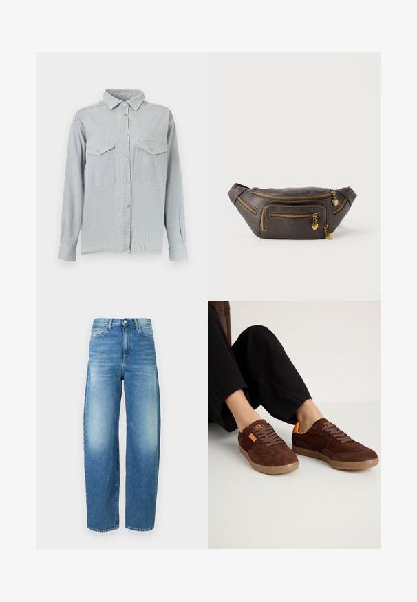 Lyseblå og hvide lodrette stribede skjorte med lange ærmer, krave, knaplukning foran og to brystlommer med klapper og knapper.; Lyseblå denimjeans med høj talje og vide ben. Har diskret falmning, klassisk fem-lomme design og knaplukning.; Brune ruskinds sneakers med rund tå, tekstureret overdel og orange detaljer. Har flade snørebånd og en gummisål.; Mørkebrun læder bumbag med flere gyldne lynlåse, hver med en lille hjerteformet charm-vedhæng.
