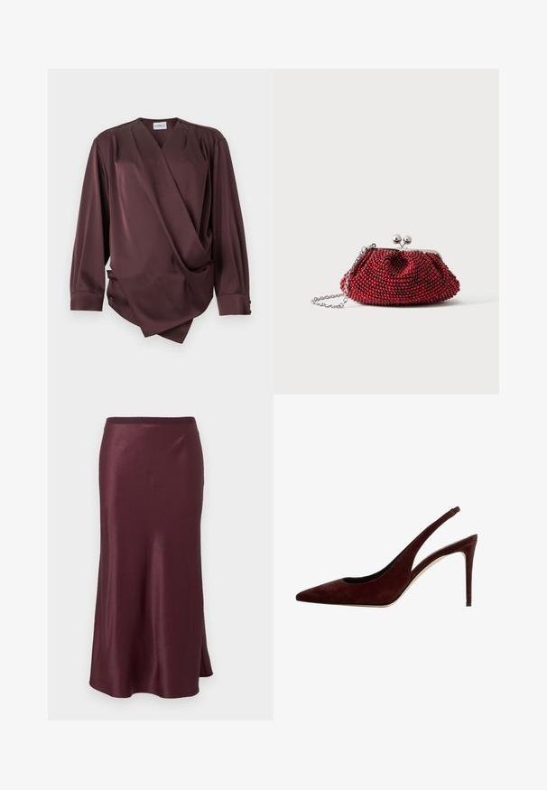 Donkerbruine wikkelblouse met lange mouwen, een V-hals en gedrapeerd detail aan de voorkant, op een witte achtergrond.; Donkerbordeaux satijnen midi-rok met een lichte uitlopende vorm en een subtiele zijsplit, met een gladde tailleband.; Donkerrode suède slingback pump met spitse neus en stilettohak, zijaanzicht op een witte achtergrond.; Kleine rode beaded clutch met zilveren sluiting en kettingband op een effen witte achtergrond.