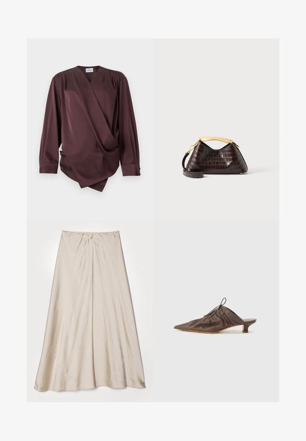 Blouse portefeuille à manches longues, de couleur marron foncé, avec un col en V et un détail drapé à l'avant, sur fond blanc.; Jupe en satin beige avec une silhouette évasée. Présente une taille froncée et un éclat subtil, avec des coutures angulaires et une drapé fluide.; Mule en cuir marron avec un bout pointu, texture froncée, petit talon et un accent de cordon de serrage à l'ouverture. Fini lisse.; Sac à main marron foncé embossé crocodile avec poignée supérieure incurvée dorée et bandoulière amovible sur fond blanc.