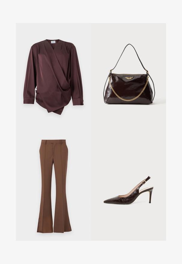 Blusa cruzada de manga larga de color marrón oscuro con escote en V y detalle drapeado en la parte delantera sobre un fondo blanco.; Pantalones acampanados marrones fabricados en una tela suave, con un frente plano, trabillas para cinturón y un ajuste entallado con sutiles detalles de pliegue.; Zapato de salón slingback de cuero texturizado en cocodrilo marrón oscuro con punta afilada y tacón de aguja de altura media sobre fondo liso.; Bolso de mano de cuero marrón oscuro brillante con un emblema de ala dorada, detalle de cadena dorada y una fina correa de cuero para el hombro sobre un fondo liso.