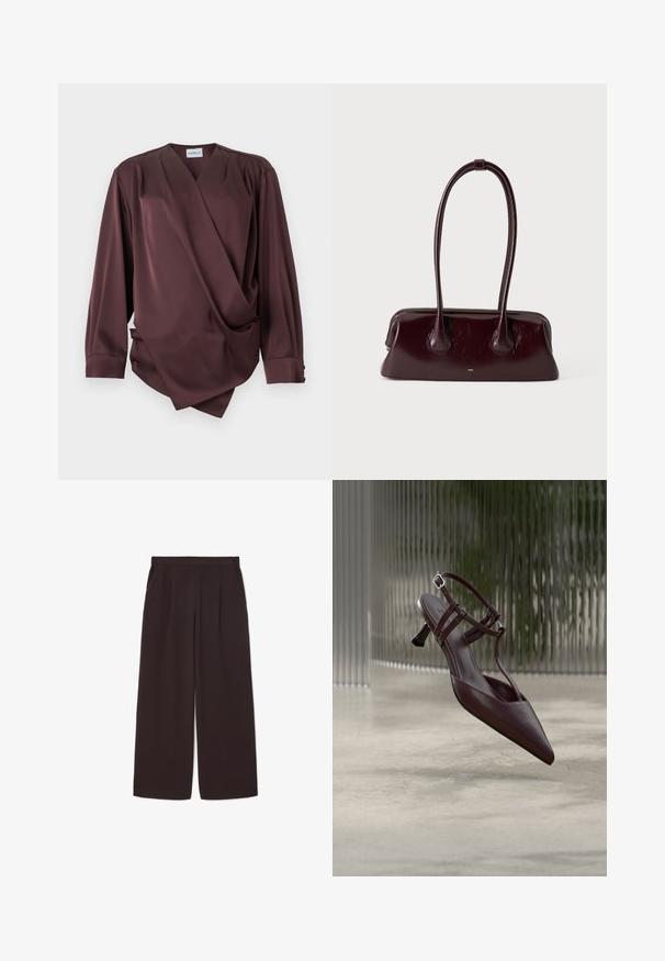 Blusa cruzada de manga larga de color marrón oscuro con escote en V y detalle drapeado en la parte delantera sobre un fondo blanco.; Pantalones de pierna ancha de color marrón oscuro, confeccionados en una tela ligera, con una cintura alta, pliegues y dos bolsillos laterales, además de una cinturilla elástica.; Zapato de tacón tipo slingback de cuero marrón oscuro con punta puntiaguda, tiras delgadas y un pequeño tacón de aguja curvado, exhibido sobre un fondo abstracto.; Bolso de mano de cuero marrón oscuro brillante con asas largas y finas y una base rectangular estructurada sobre un fondo claro y liso.