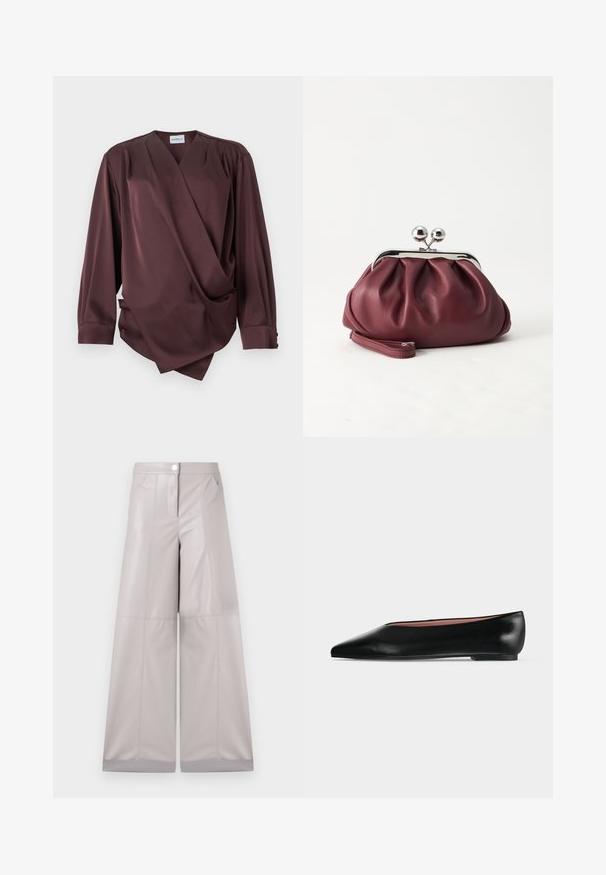 Blusa cruzada de manga larga de color marrón oscuro con escote en V y detalle drapeado en la parte delantera sobre un fondo blanco.; Pantalones de pierna ancha en faux cuero gris claro, con cierre de botón en la parte frontal, dos bolsillos laterales y costuras decorativas para mayor textura.; Zapato plano negro de cuero para mujer con punta puntiaguda y tacón bajo, mostrado de lado sobre un fondo liso gris claro.; Pequeño bolso de mano de cuero burdeos con cierre metálico plateado y correa de muñeca sobre un fondo blanco.