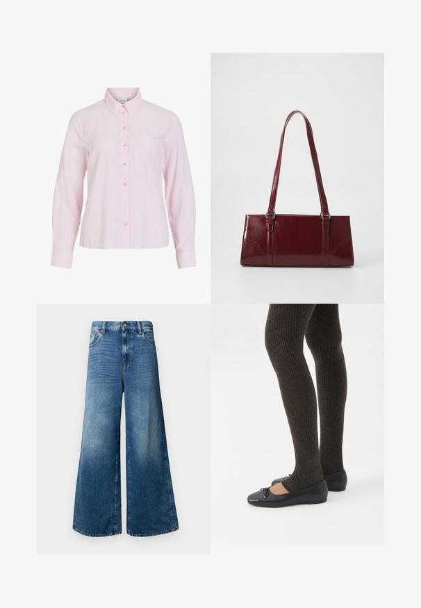 Lyserød langærmet skjorte med lodrette hvide striber, knaplukning foran, krave og en venstre brystlomme. Glat bomuldsstof.; Bredde denim jeans i mellemblå med et klassisk fem-lomme design, knaplukning og let falmning for ekstra tekstur.; Ben iført mørke ribbede leggings kombineret med sorte balletsko med små sløjfedetaljer på hvid baggrund.; Bordeaux håndtaske lavet af glansfuldt materiale, rektangulær form, med to skulderremme og subtile buede detaljer på forsiden.
