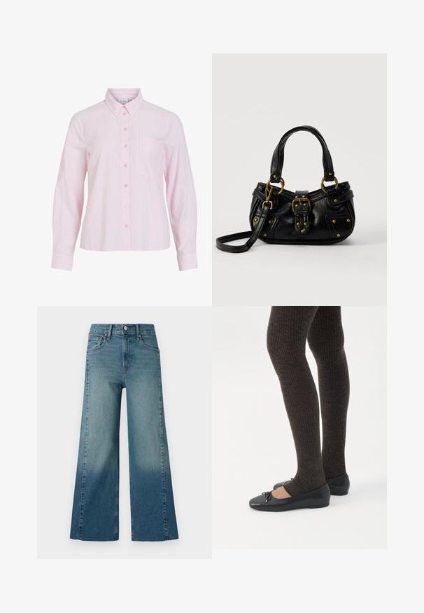 Lyserød langærmet skjorte med lodrette hvide striber, knaplukning foran, krave og en venstre brystlomme. Glat bomuldsstof.; Bredde jeans i en medium blå vask, med en gradient effekt fra mørkere til lysere. Lavet af denim med et traditionelt fem-lomme design.; Ben iført mørke ribbede leggings kombineret med sorte balletsko med små sløjfedetaljer på hvid baggrund.; Sort læderhåndtaske med guldbælge og nitdetaljer, korte håndtag og en justerbar skulderrem på en ensfarvet hvid baggrund.