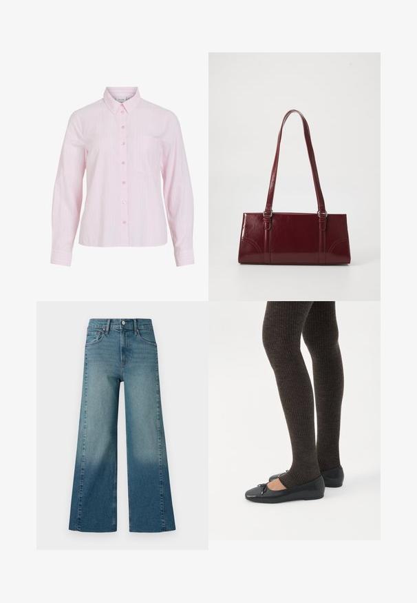 Chemise rose pâle à manches longues avec des rayures blanches verticales, fermeture boutonnée à l'avant, col et poche poitrine gauche. Tissu en coton lisse.; Jeans à jambe large dans un délavage bleu moyen, présentant un effet dégradé du plus foncé au plus clair. Fabriqués en denim avec un design traditionnel à cinq poches.; Jambes portant des leggings côtelés foncés associés à des ballerines noires avec de petits détails en nœud sur fond blanc.; Sac à main bordeaux en matériau brillant, de forme rectangulaire, avec deux anses et des accents légèrement courbés à l'avant.