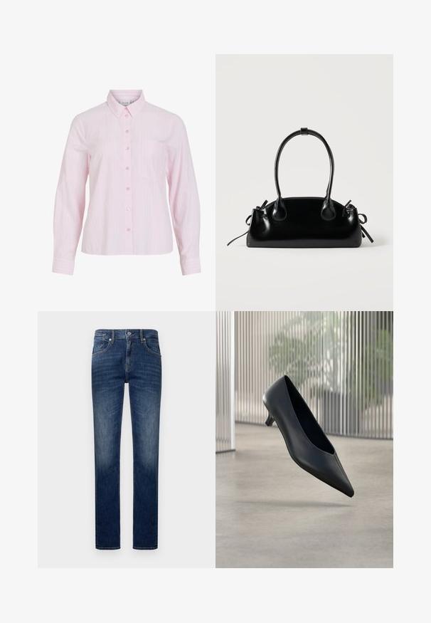 Hellrosa langärmliges Hemd mit vertikalen weißen Streifen, durchgeknöpft, mit Kragen und einer linken Brusttasche. Glatter Baumwollstoff.; Dunkelblaue Denim-Jeans im geraden Schnitt, mit fünf Taschen, kontrastierendem Nähen und einem Reißverschluss.; Schwarzer spitzer Kitten-Heel-Schuh, der über einem glatten Betonboden mit vertikalen transluzenten Paneelen im Hintergrund schwebt.; Kleine schwarze glänzende Handtasche mit zwei langen Griffen und seitlichen Kordelzug-Details vor einfachem hellem Hintergrund.