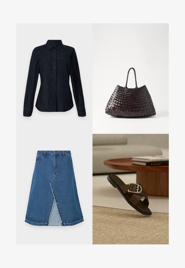 CLOSED SEAMING SHIRT - Chemisier - dark blue; Jupe en denim bleu avec une forme évasée, présentant une fente à l'avant et un ourlet effiloché. Design classique à cinq poches et fermeture à bouton métal.; Sandale à enfiler en cuir marron avec boucle dorée sur un tapis beige, table basse en bois et livres en arrière-plan.; DRAGON DIFFUSION SANTA CROCE BIG - Sac à main - dark brown