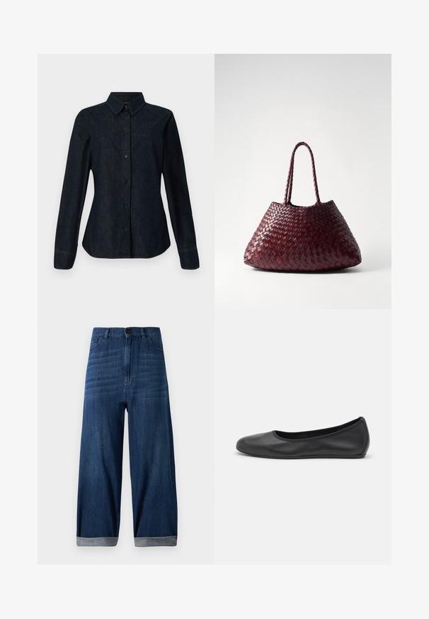 CLOSED SEAMING SHIRT - Skjortebluser - dark blue; Mørkeblå vide denimjeans med opsmøgede hems, frontknap og lommer mod en ensfarvet lys baggrund.; Sort læderballetsko med rund tå, glat tekstur, minimal syning og et fleksibelt såldesign.; DRAGON DIFFUSION SANTA CROCE BIG - Håndtasker - bordo