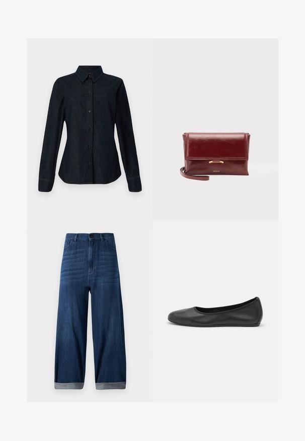 CLOSED SEAMING SHIRT - Blúzka so zapínaním na gombíky - dark blue; Tmavomodré široké džínsy s manžetami, predným gombíkom a vreckami na svetlom jednoduchom pozadí.; Čierne kožené baleríny s okrúhlou špičkou, hladkým povrchom, minimálnym prešívaním a flexibilným dizajnom podrážky.; Malá bordová kožená kabelka so zavretím na klopu, zlatým akcentom a remienkom na zápästie ležiaca na obyčajnom pozadí.