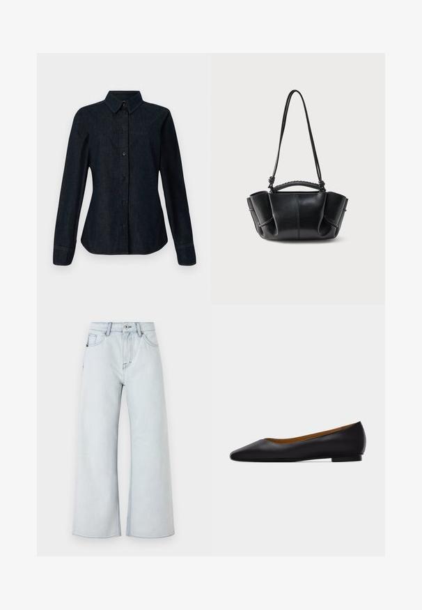 CLOSED SEAMING SHIRT - Blúzka so zapínaním na gombíky - dark blue; Svetlomodré džínsy s širokým strihom, vyrobené z denimu. Obsahujú päť vreciek, pútka na opasok a zapínanie na gombík.; Čierna kožená dámska obuv s ostrou špičkou, nízkym podpätkom a hladkým povrchom, zobrazená z boku na svetlošedom pozadí.; Čierna kožená kabelka s oblým tvarom, nariasenými stranami, pletenou rúčkou a dlhým tenkým popruhom na bielom pozadí.
