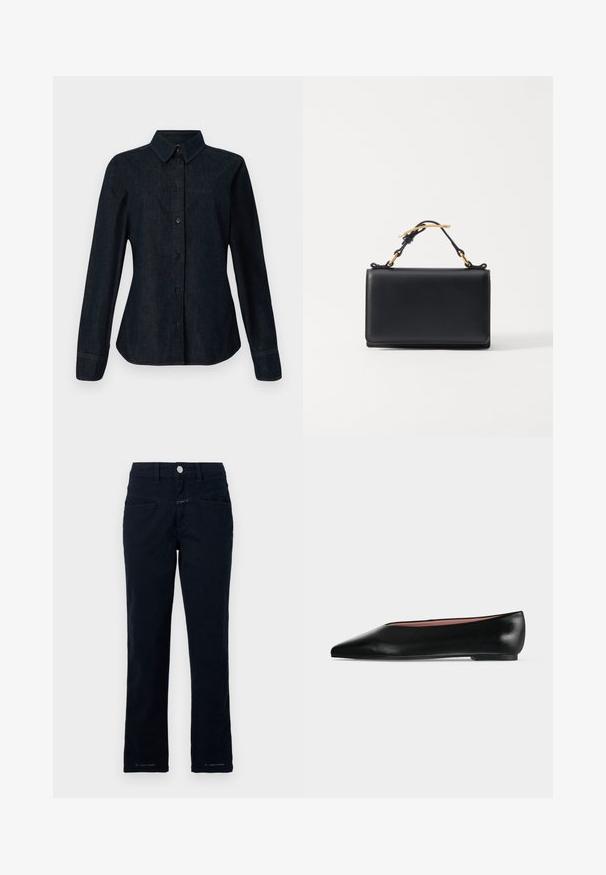 CLOSED SEAMING SHIRT - Chemisier - dark blue; Pantalon bleu marine en coton extensible avec une coupe droite, poches avant et fermeture à bouton à la taille.; Chaussure plate en cuir noir pour femme, avec bout pointu et petit talon, vue de côté sur un fond gris clair uni.; Sac à main en cuir noir de forme rectangulaire, doté d'une anse supérieure et d'accents en métal doré. Texture lisse, design minimaliste.